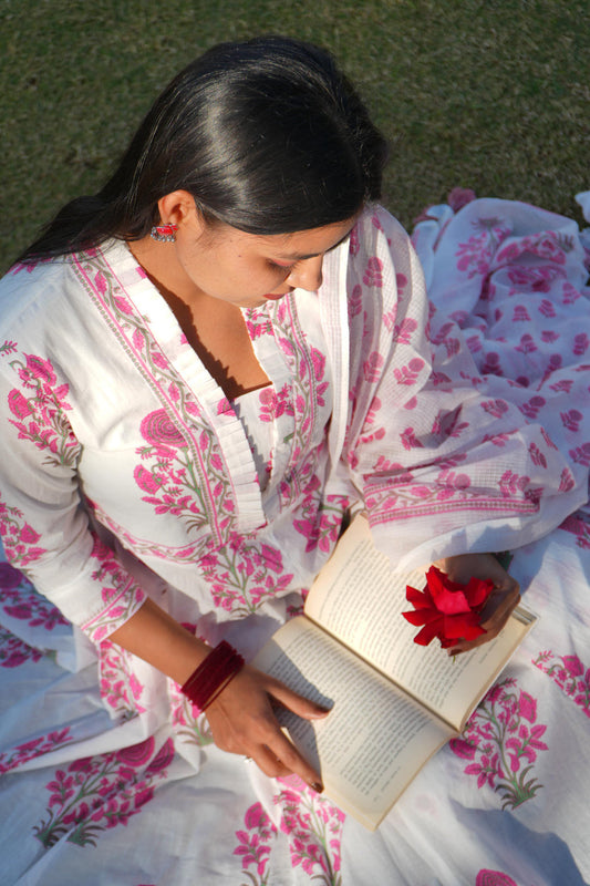 Ivory Bloom Anarkali Suit Set (Pink)